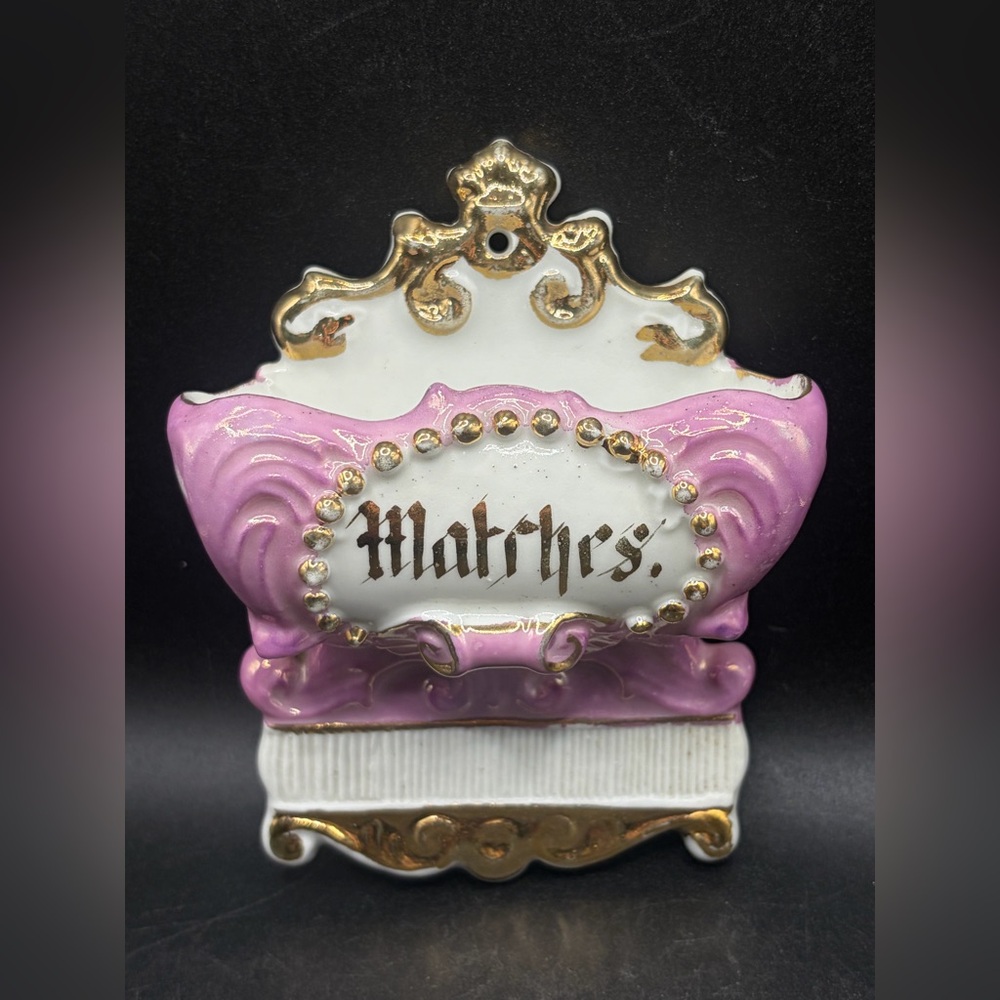 Antique German Hand Painted Ceramic Match Holder Wall Mounted Matchstick Storage